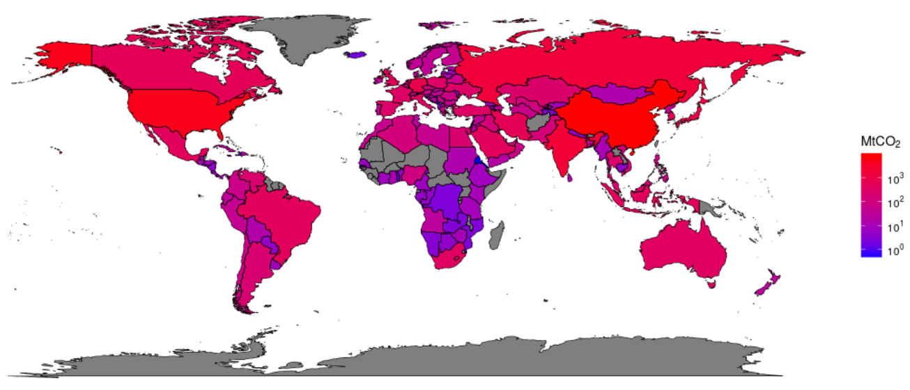 The geographical distribution of carbon dioxide emissions in 2012.