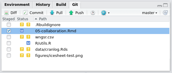 The Git tab in RStudio