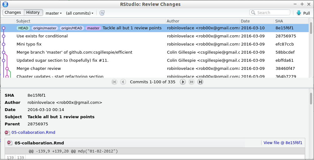 The Git history navigation interface