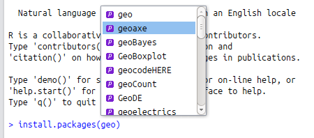 Package name autocompletion in action in RStudio for packages beginning with 'geo'.